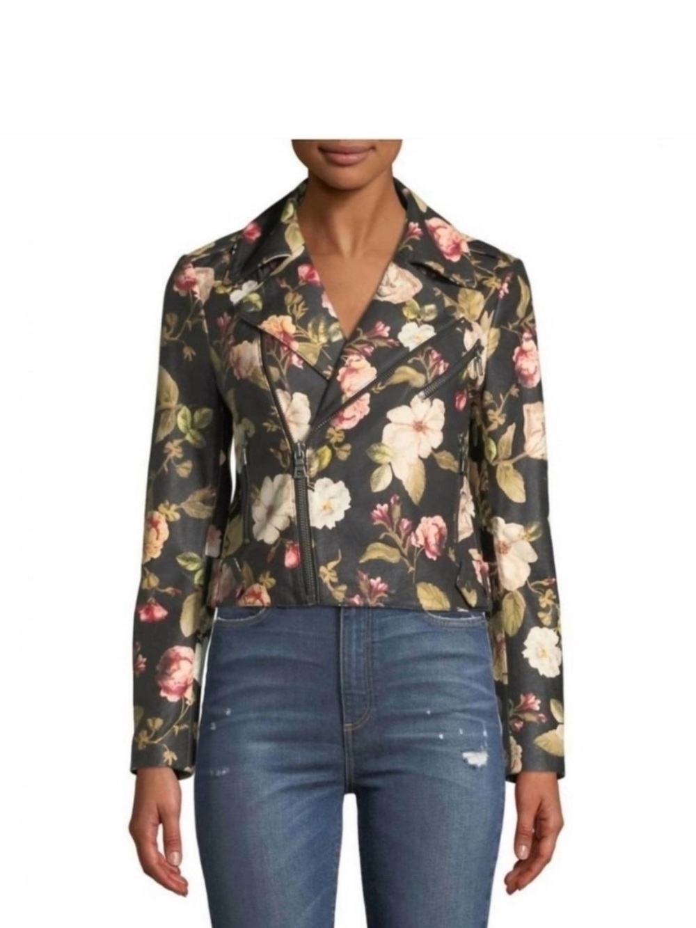 Alice + Olivia Black Floral Cody Cropped Lamb Leather Jacket new without tags.